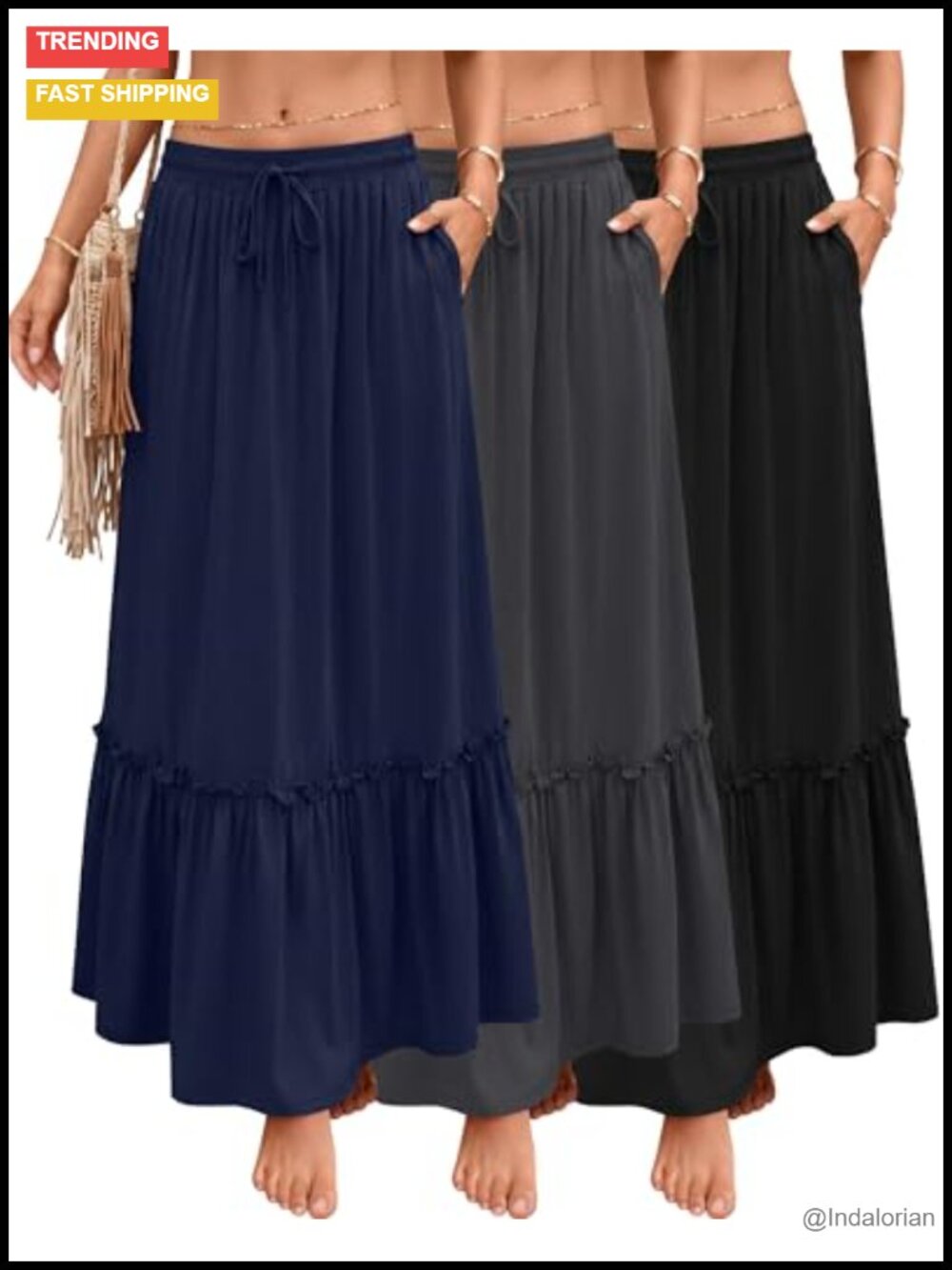 Boho Maxi Skirts with Pockets for Women, Tiered Ruffle A-Line, High Rise, 3 Pack
